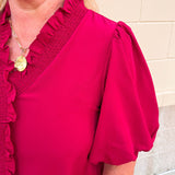 Sweetheart Smocked Ruffle Top in Garnet - The Pink Pineapple 850