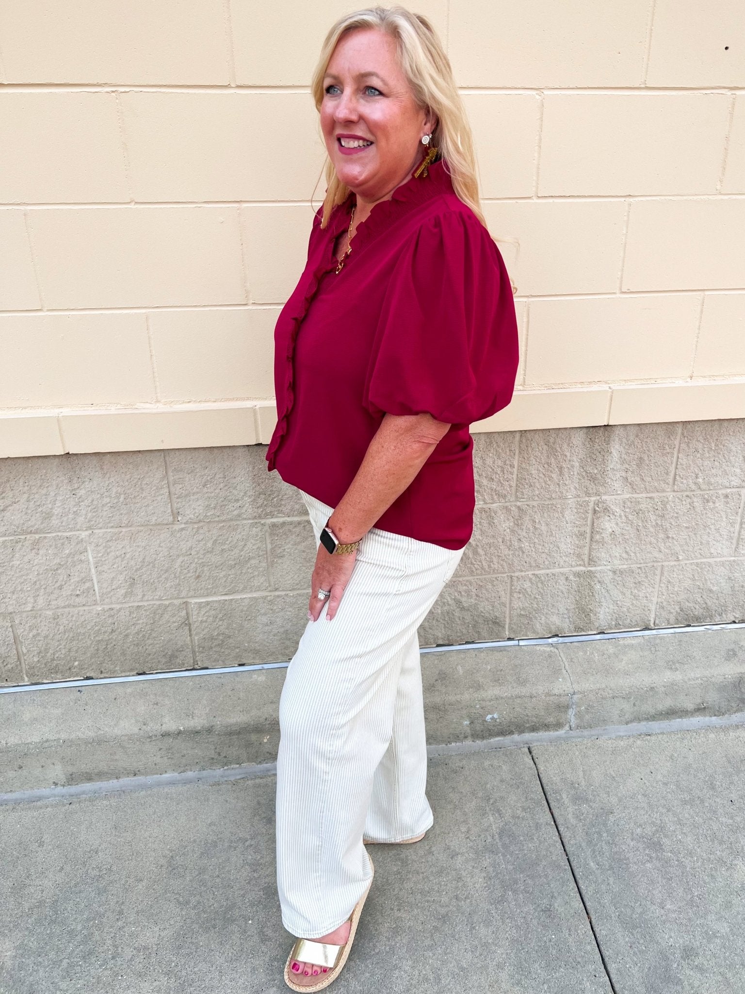 Sweetheart Smocked Ruffle Top in Garnet - The Pink Pineapple 850