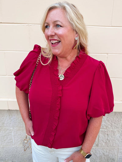 Sweetheart Smocked Ruffle Top in Garnet - The Pink Pineapple 850