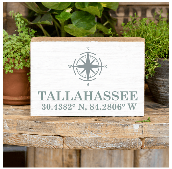 Tallahassee Compass + Coordinates Wooden Block - The Pink Pineapple 850