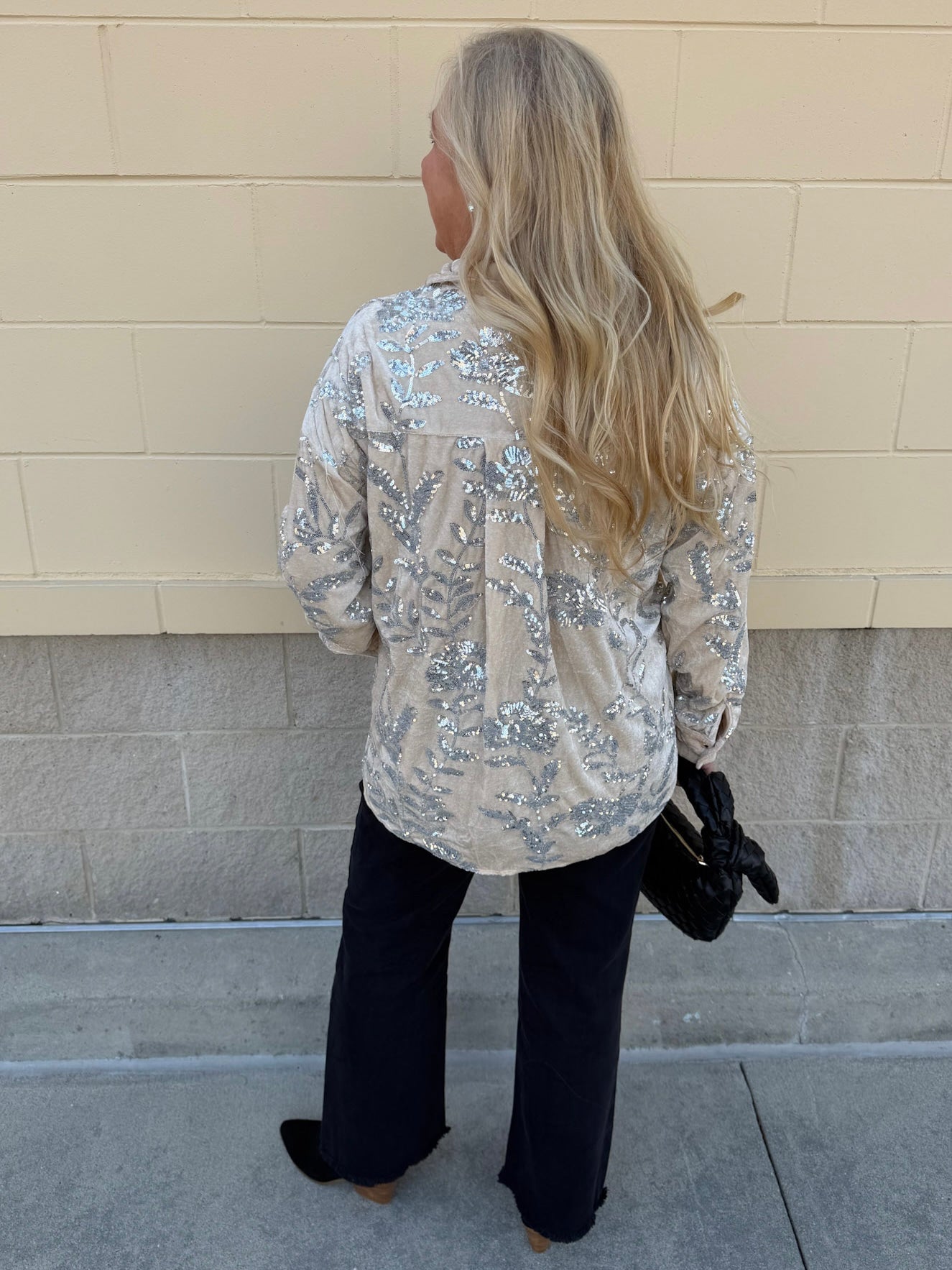 Taupe Bloom Sequin Button - Front Velvet Blouse - The Pink Pineapple 850
