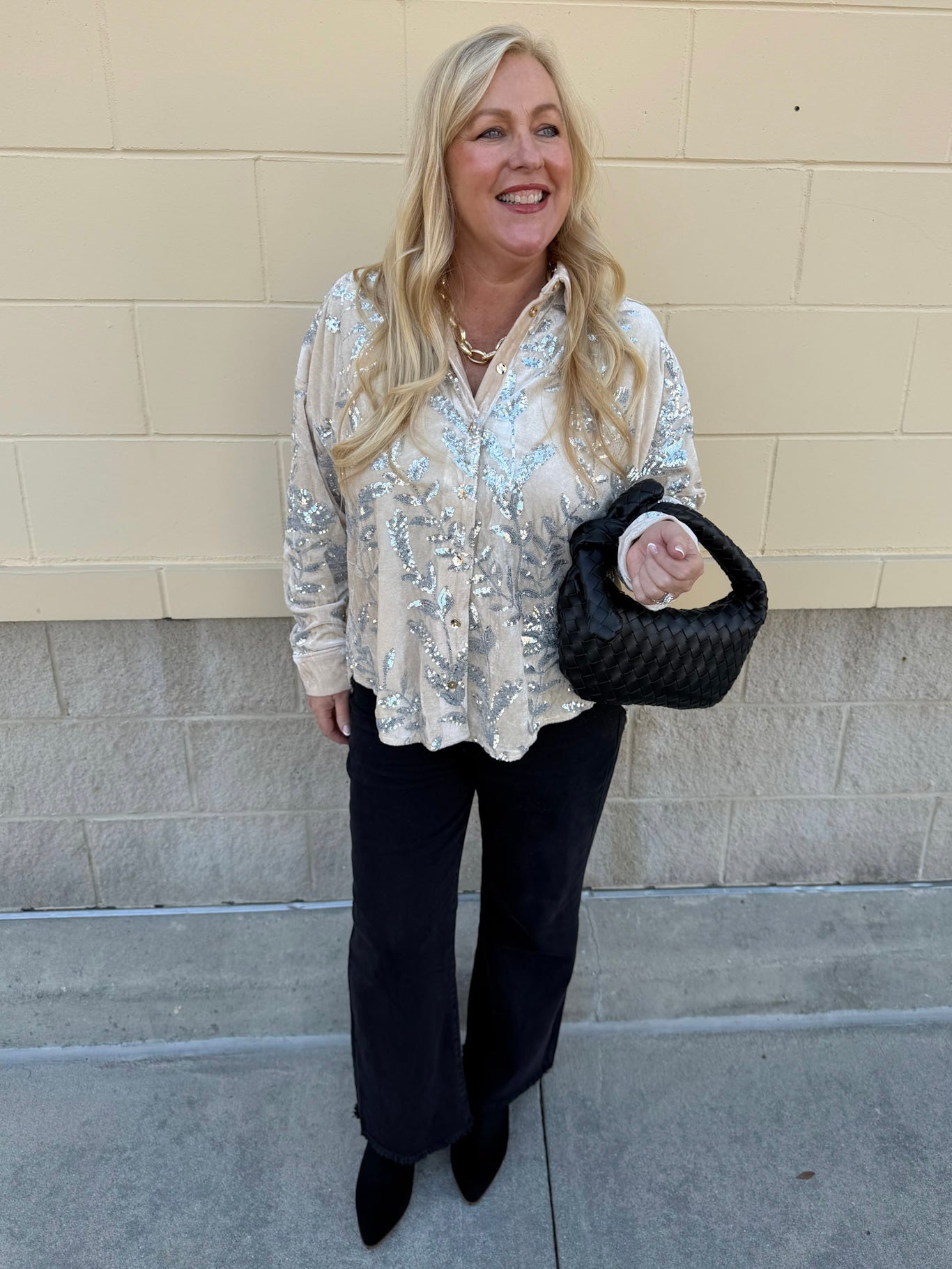 Taupe Bloom Sequin Button - Front Velvet Blouse - The Pink Pineapple 850