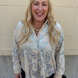 Taupe Bloom Sequin Button - Front Velvet Blouse - The Pink Pineapple 850