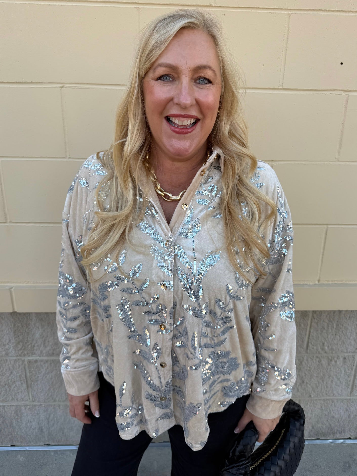 Taupe Bloom Sequin Button - Front Velvet Blouse - The Pink Pineapple 850