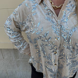 Taupe Bloom Sequin Button - Front Velvet Blouse - The Pink Pineapple 850
