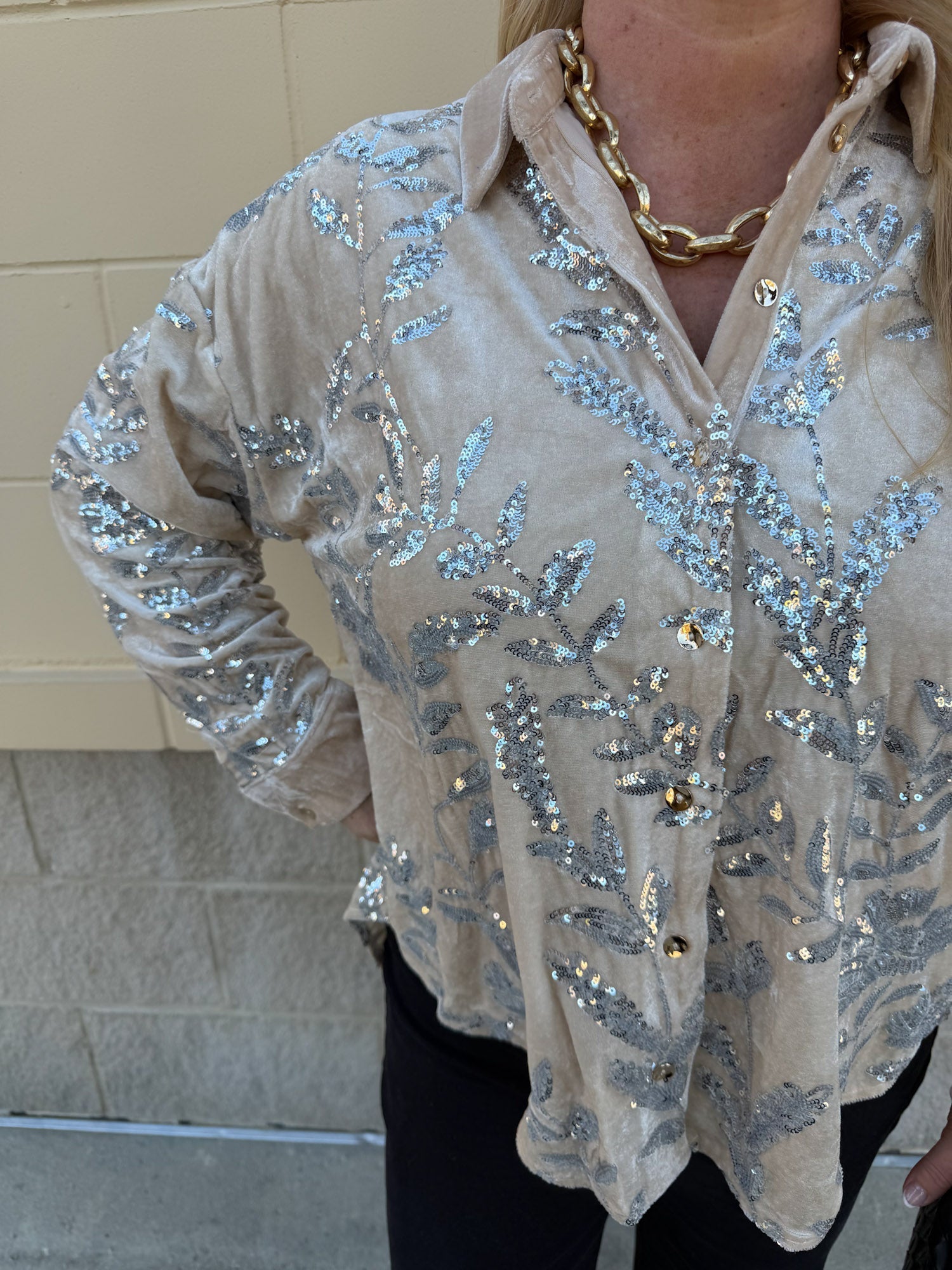 Taupe Bloom Sequin Button - Front Velvet Blouse - The Pink Pineapple 850