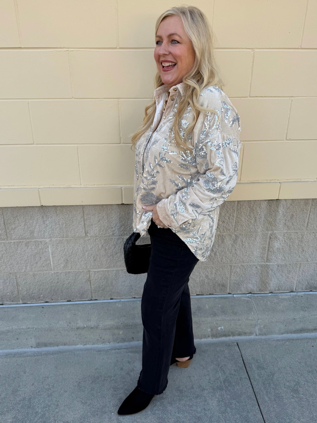 Taupe Bloom Sequin Button - Front Velvet Blouse - The Pink Pineapple 850