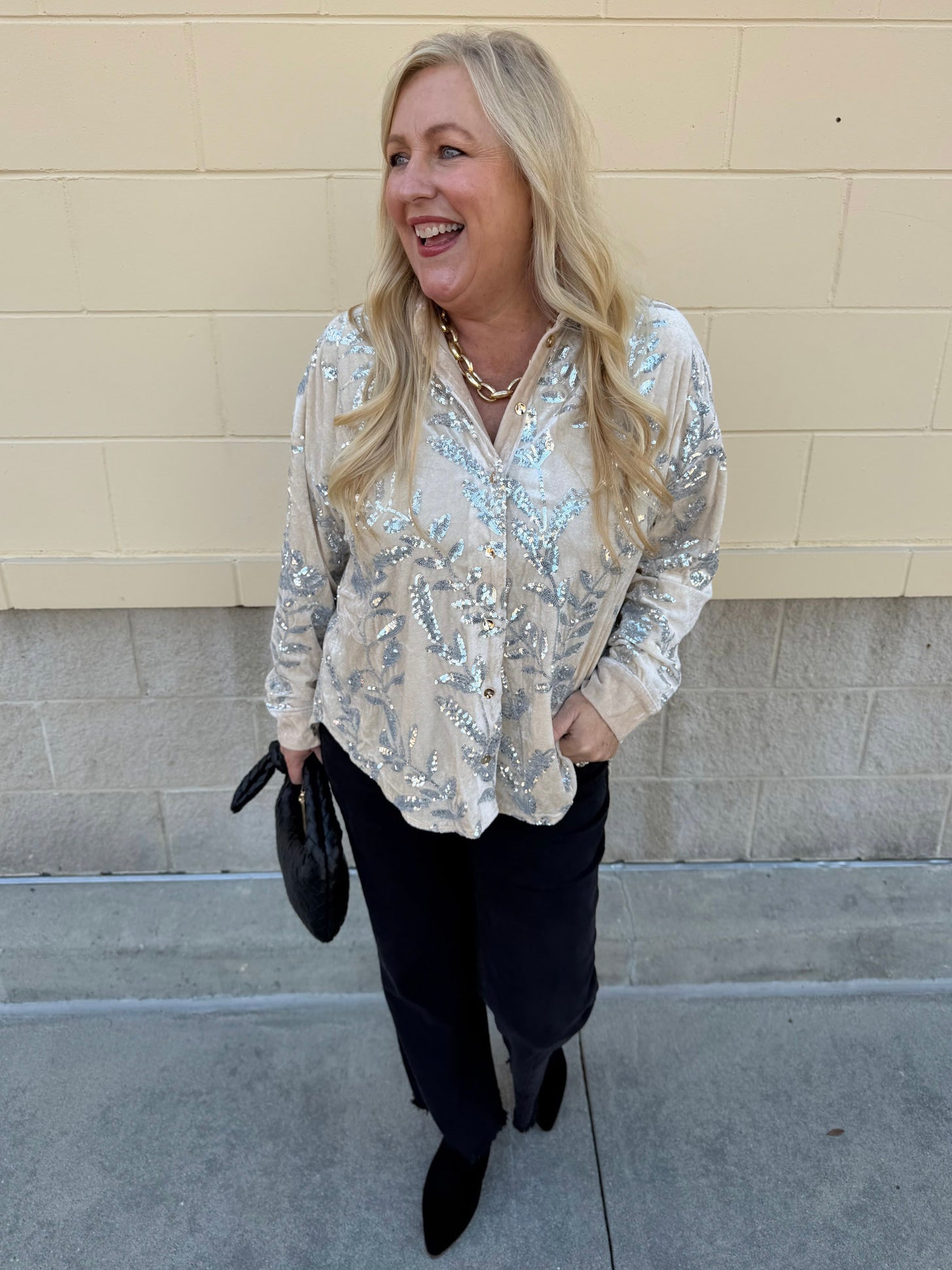 Taupe Bloom Sequin Button - Front Velvet Blouse - The Pink Pineapple 850