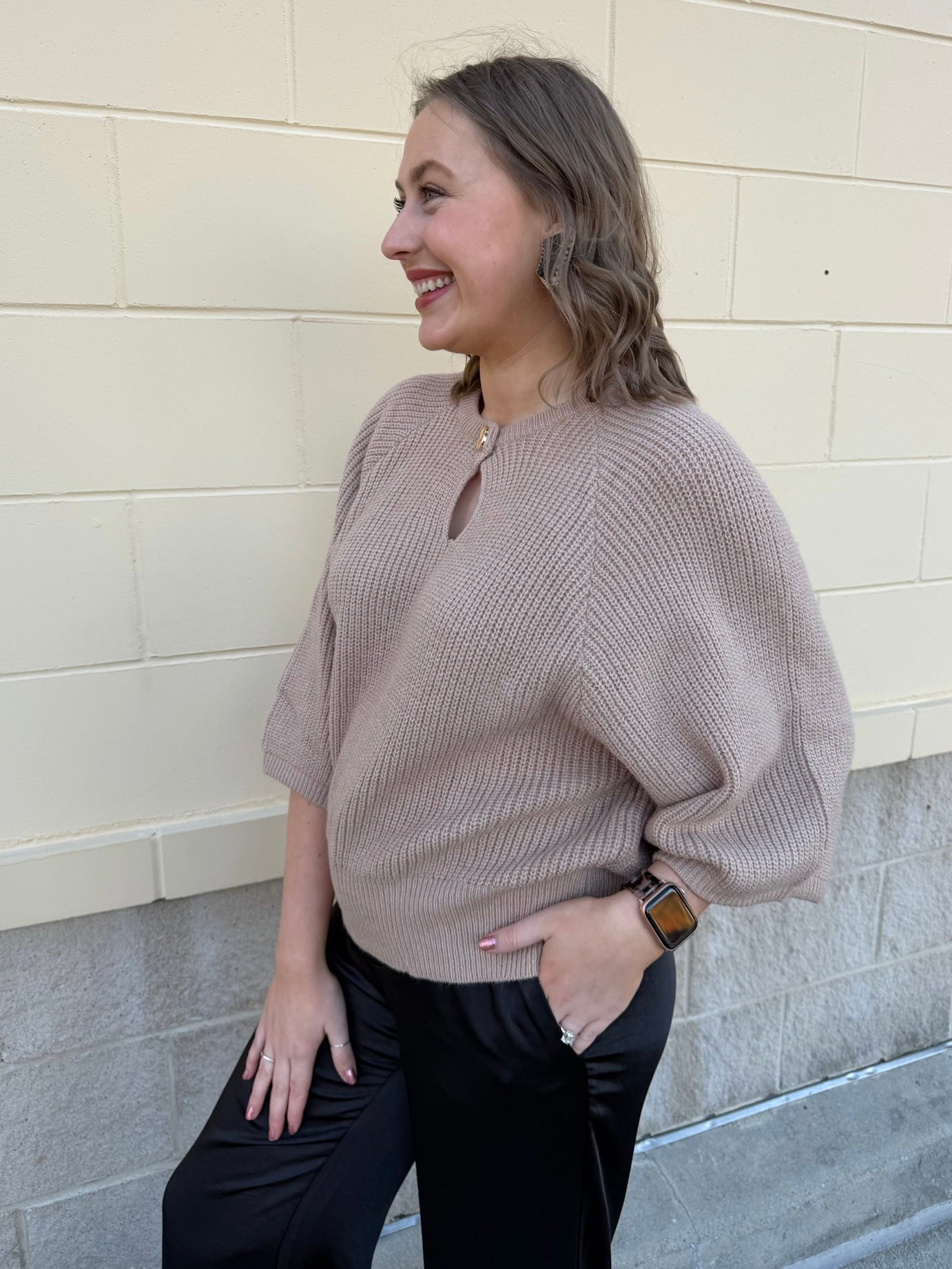 Taupe Wisdom Keyhole Sweater Top - The Pink Pineapple 850