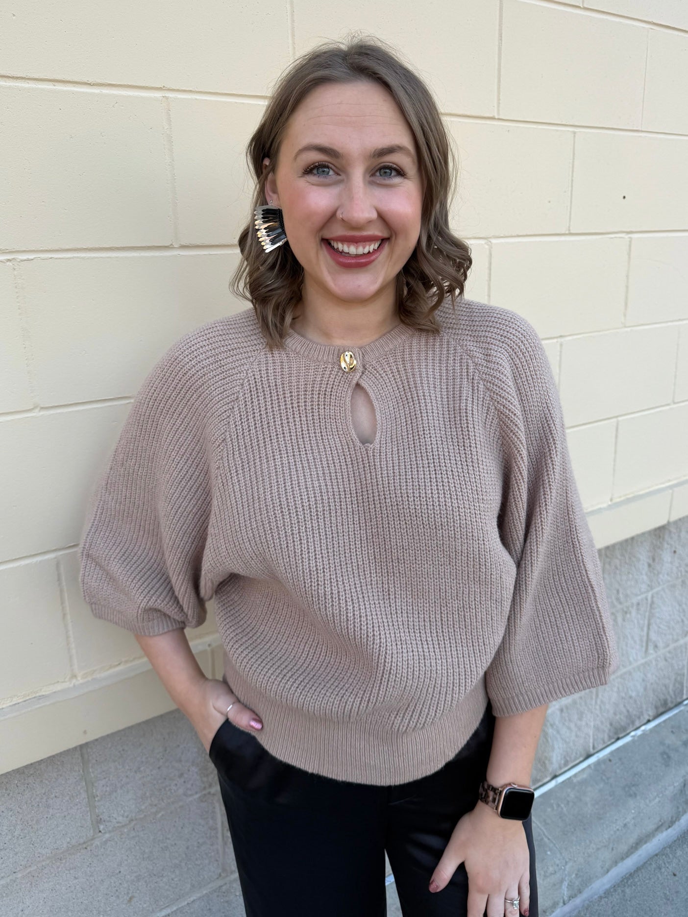 Taupe Wisdom Keyhole Sweater Top - The Pink Pineapple 850