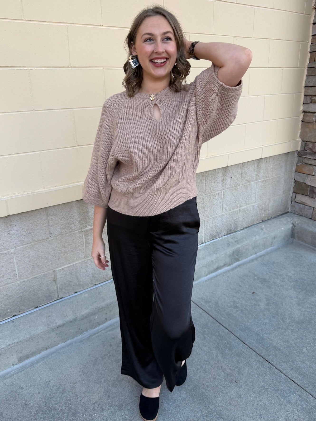 Taupe Wisdom Keyhole Sweater Top - The Pink Pineapple 850