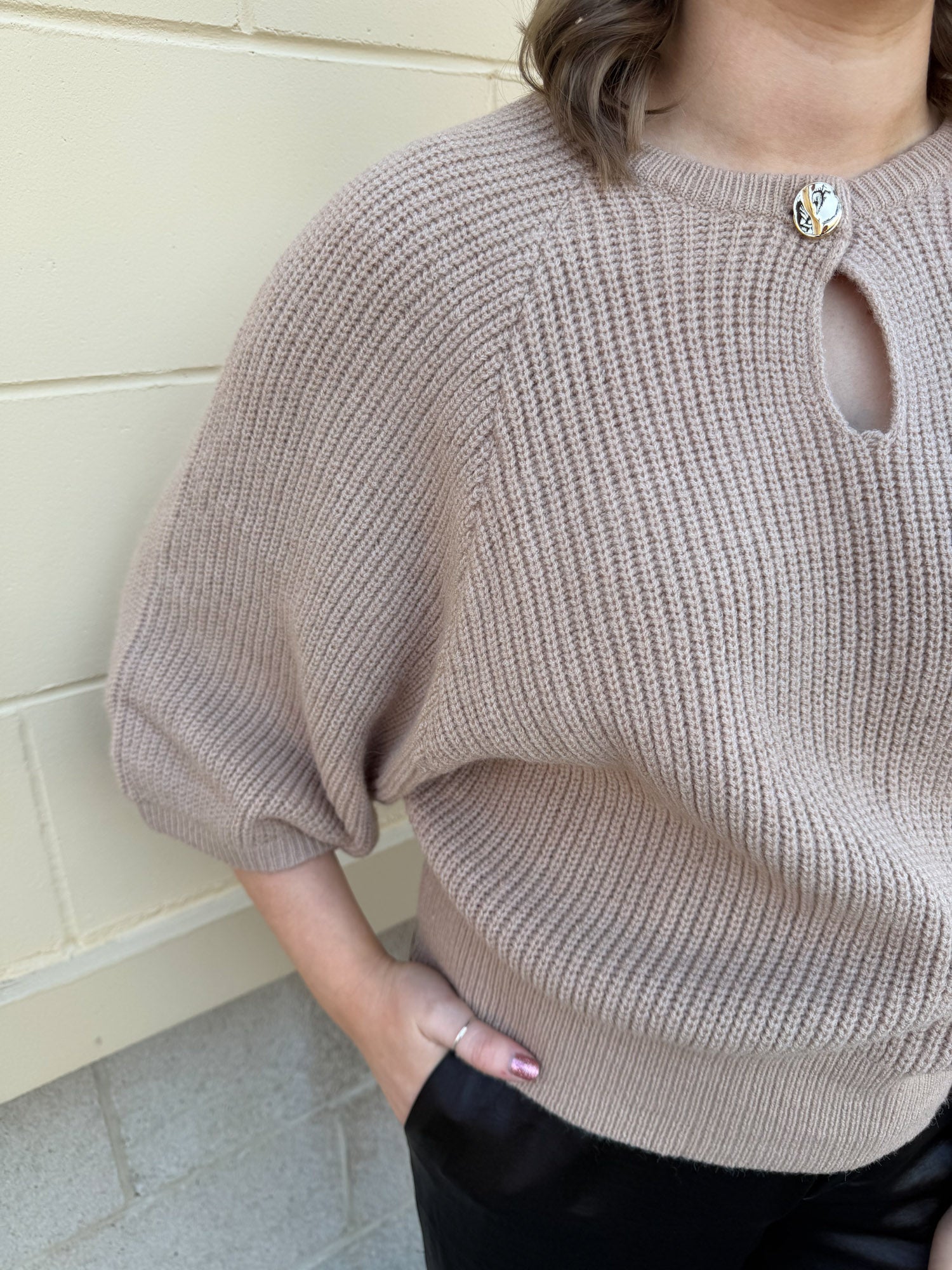Taupe Wisdom Keyhole Sweater Top - The Pink Pineapple 850