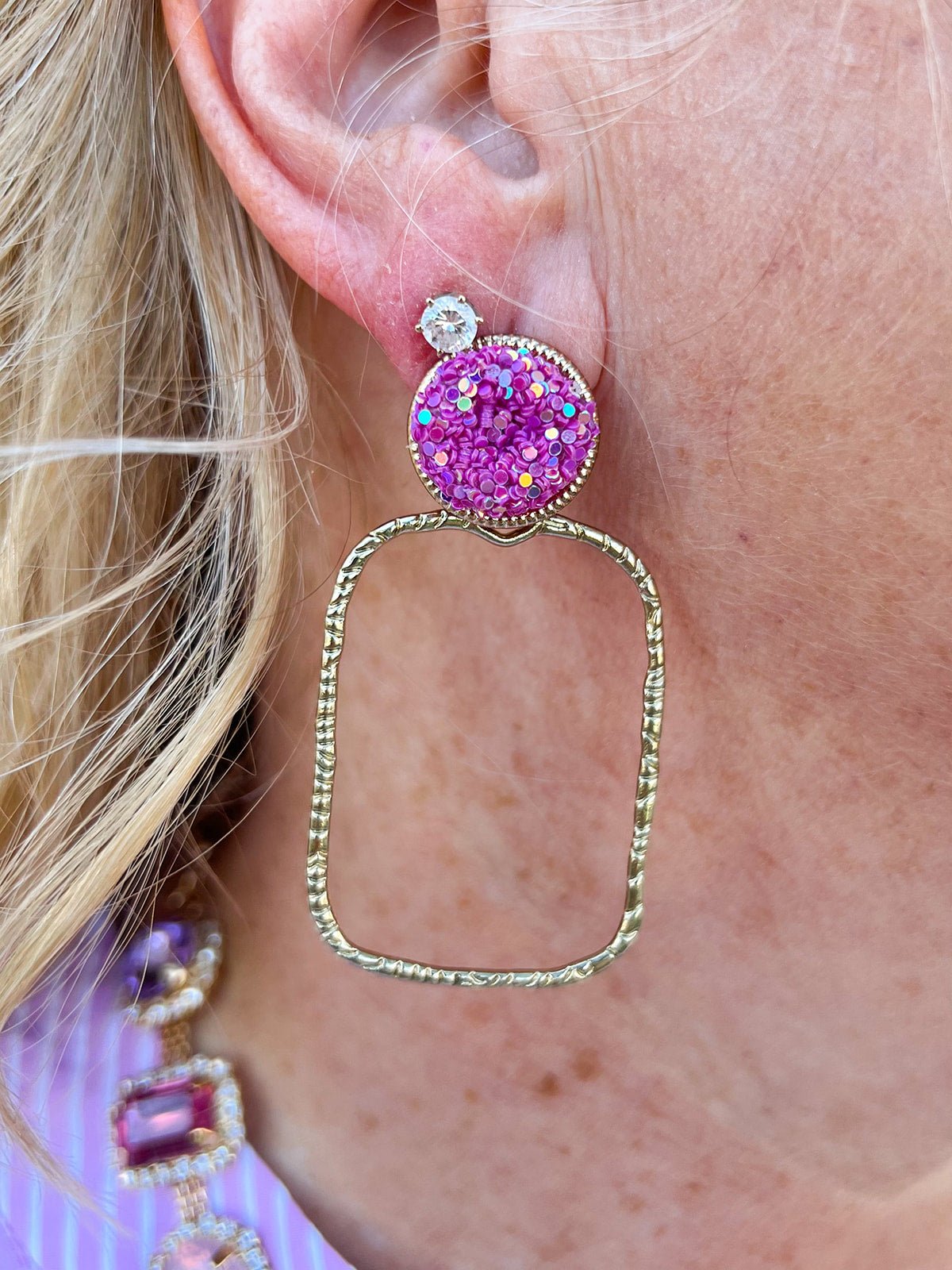 Taylor Shaye Glitter Top Hot Pink Rectangle Hoops - The Pink Pineapple 850