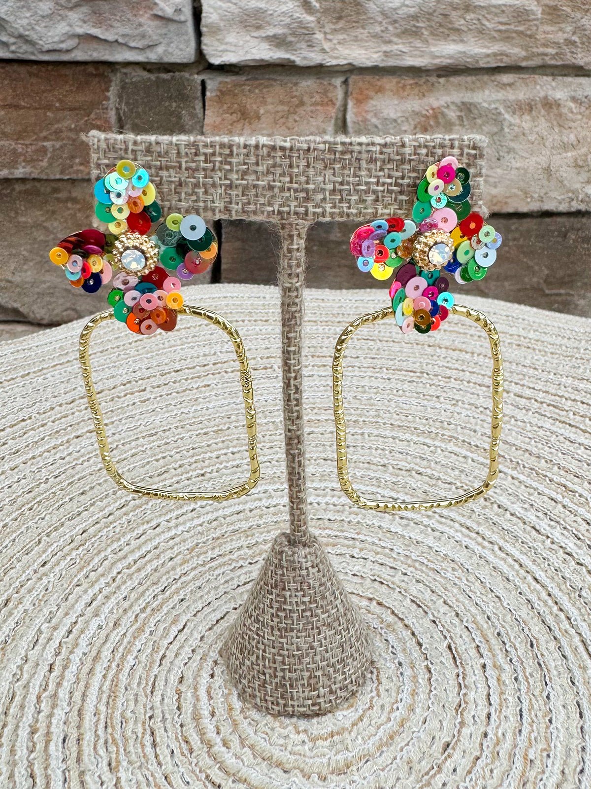 [Taylor Shaye] Jenna Sequin Flower Rectangle Hoops in Rainbow - The Pink Pineapple 850