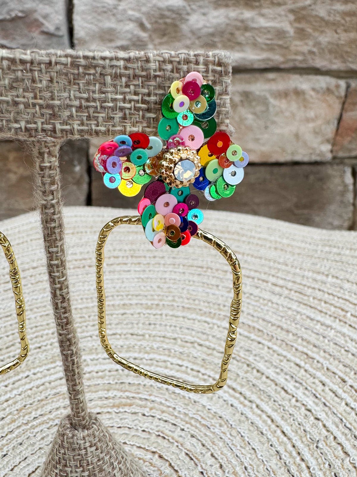 [Taylor Shaye] Jenna Sequin Flower Rectangle Hoops in Rainbow - The Pink Pineapple 850