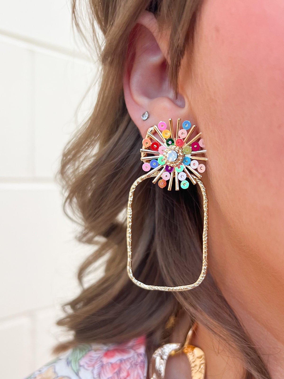 [Taylor Shaye] Rainbow Sequin Sunburst Rectangle Hoops - The Pink Pineapple 850