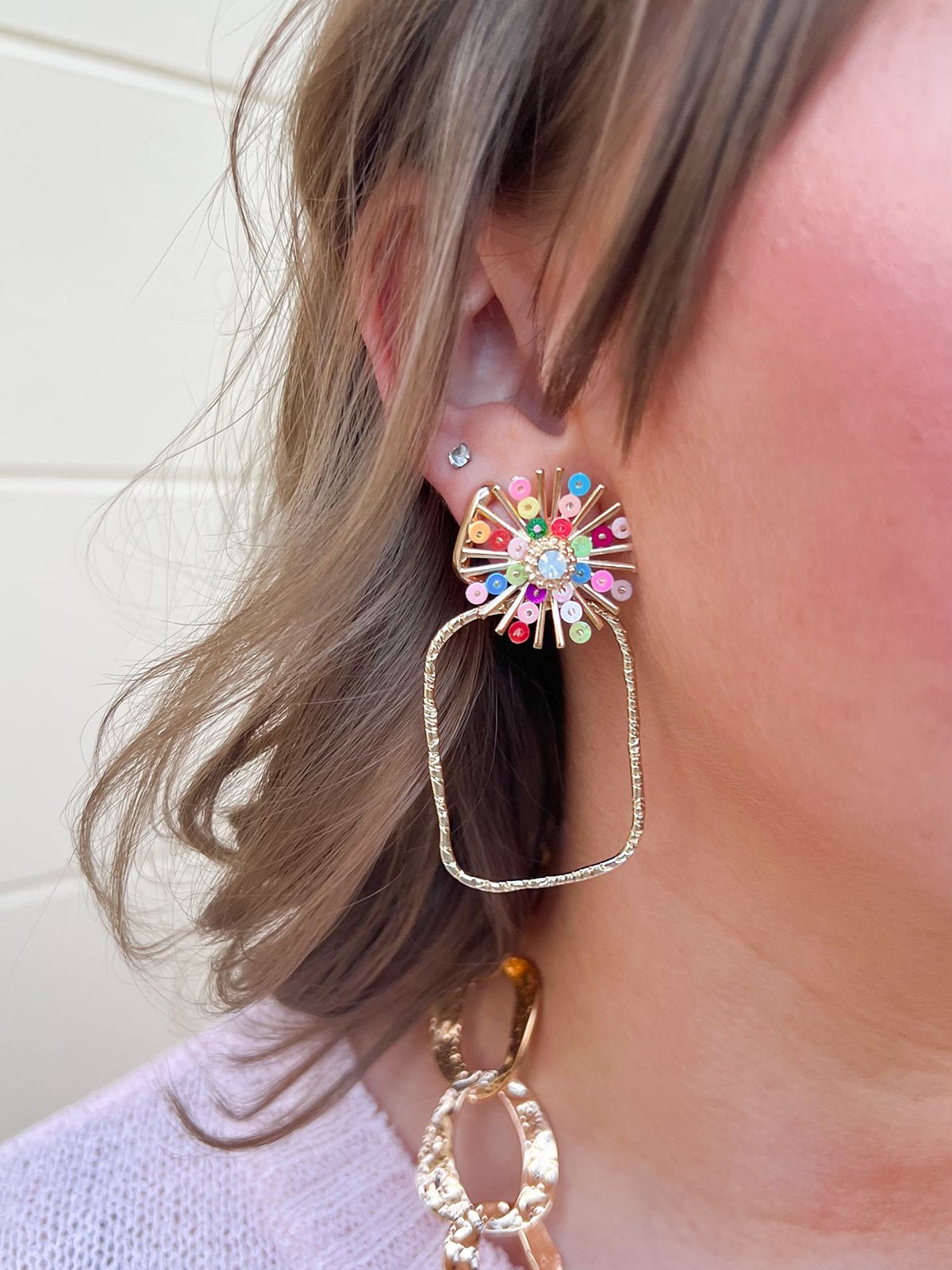 [Taylor Shaye] Rainbow Sequin Sunburst Rectangle Hoops - The Pink Pineapple 850