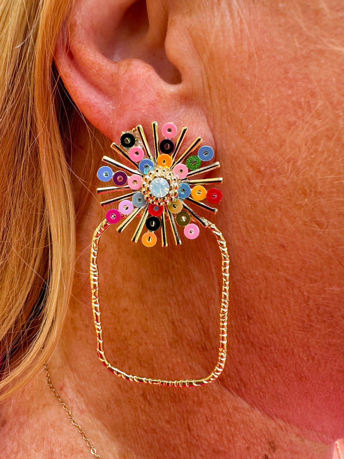 [Taylor Shaye] Rainbow Sequin Sunburst Rectangle Hoops - The Pink Pineapple 850