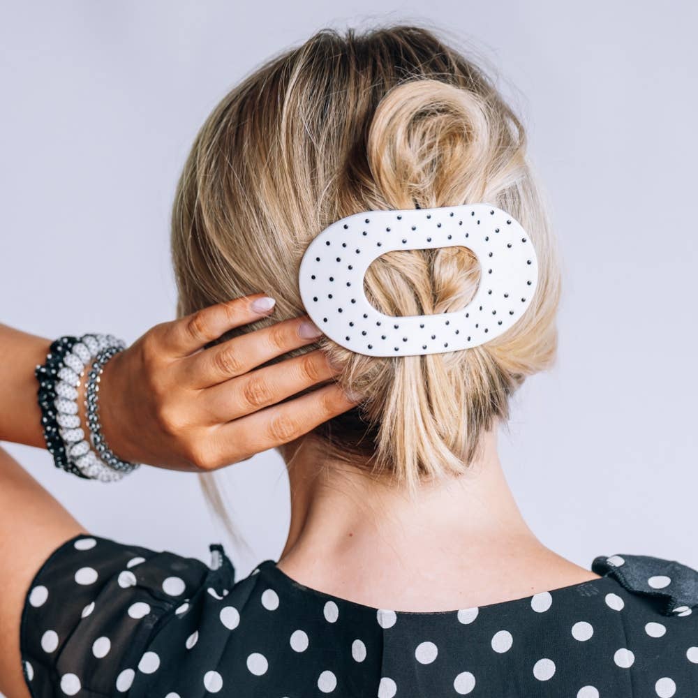 [Teleties] Flat Round Hair Clip | White Polka Dot Party | Large - The Pink Pineapple 850