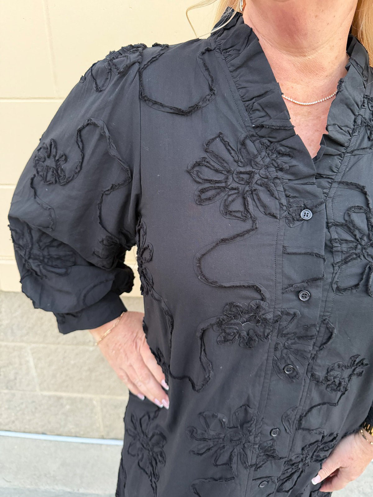 The Bloom Haven 3D Floral Mini Dress in Black - The Pink Pineapple 850