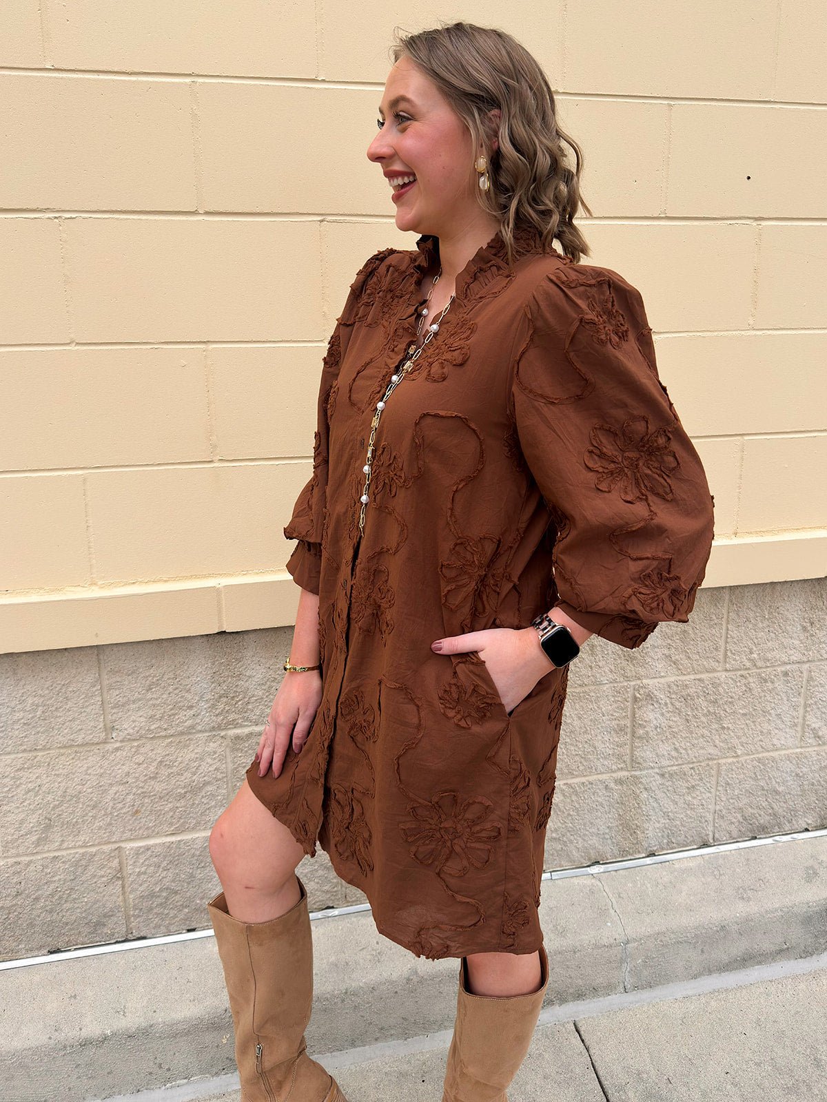 The Bloom Haven 3D Floral Mini Dress in Brown - The Pink Pineapple 850