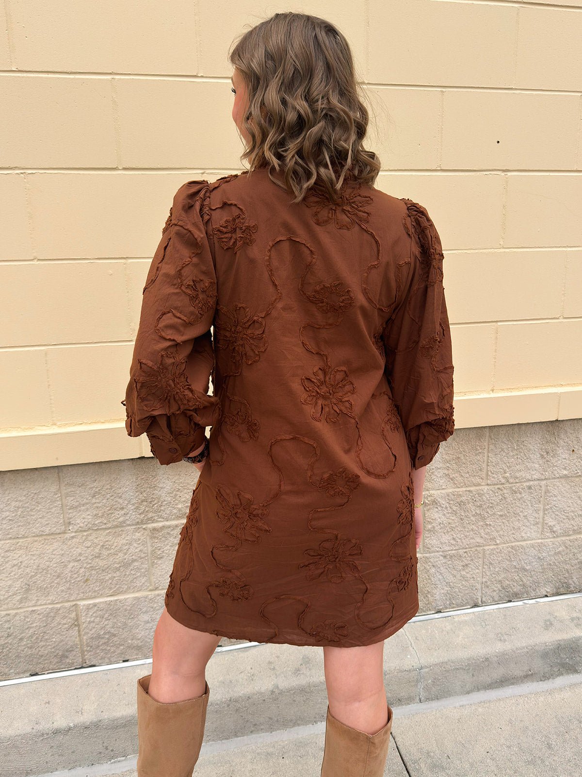 The Bloom Haven 3D Floral Mini Dress in Brown - The Pink Pineapple 850