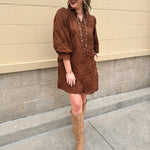 The Bloom Haven 3D Floral Mini Dress in Brown - The Pink Pineapple 850