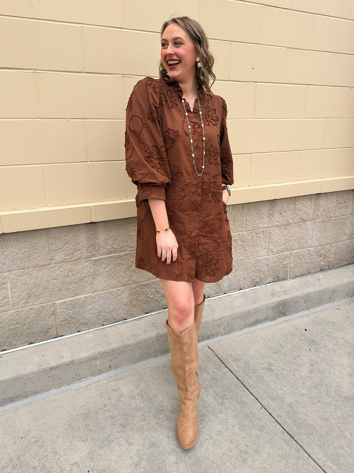 The Bloom Haven 3D Floral Mini Dress in Brown - The Pink Pineapple 850