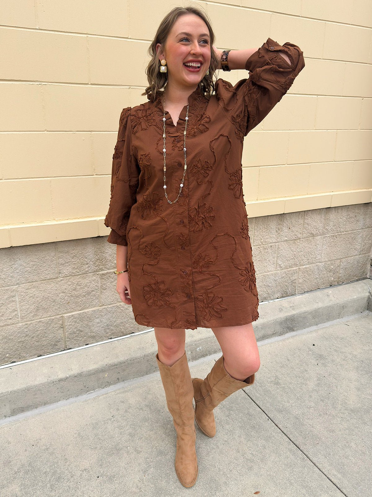 The Bloom Haven 3D Floral Mini Dress in Brown - The Pink Pineapple 850