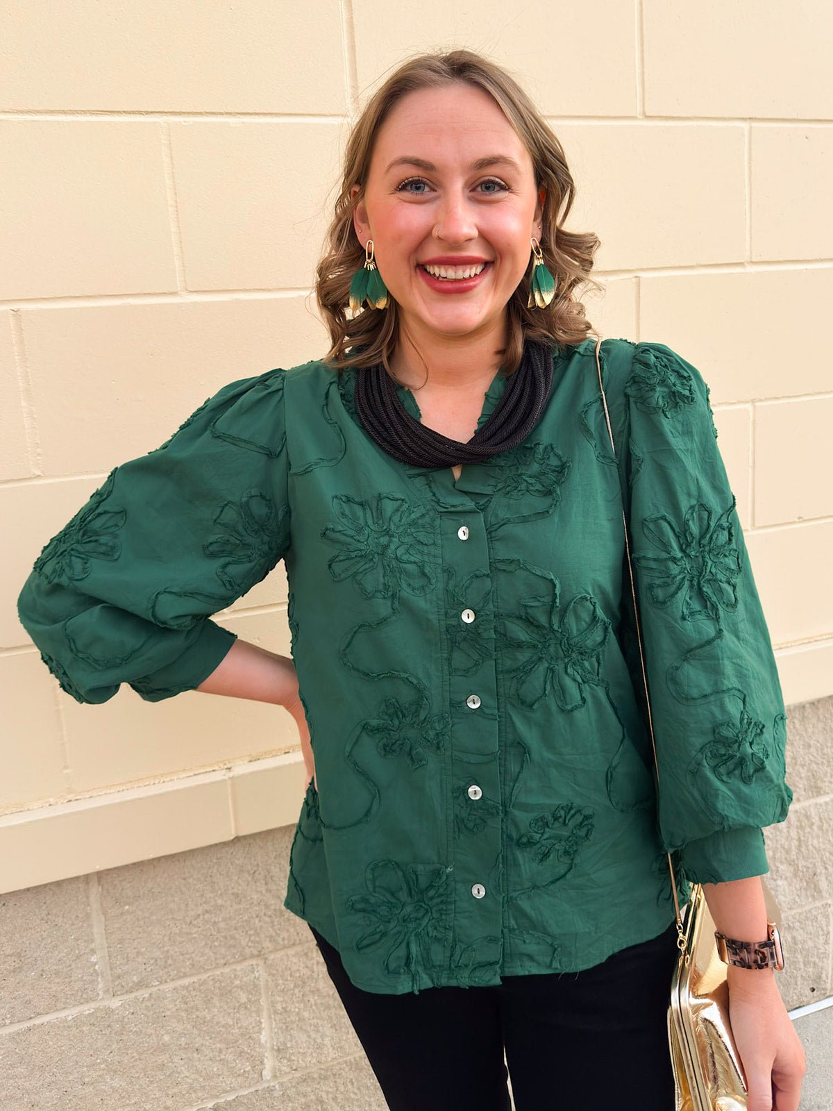 The Bloom Haven 3D Floral Top in Hunter Green - The Pink Pineapple 850