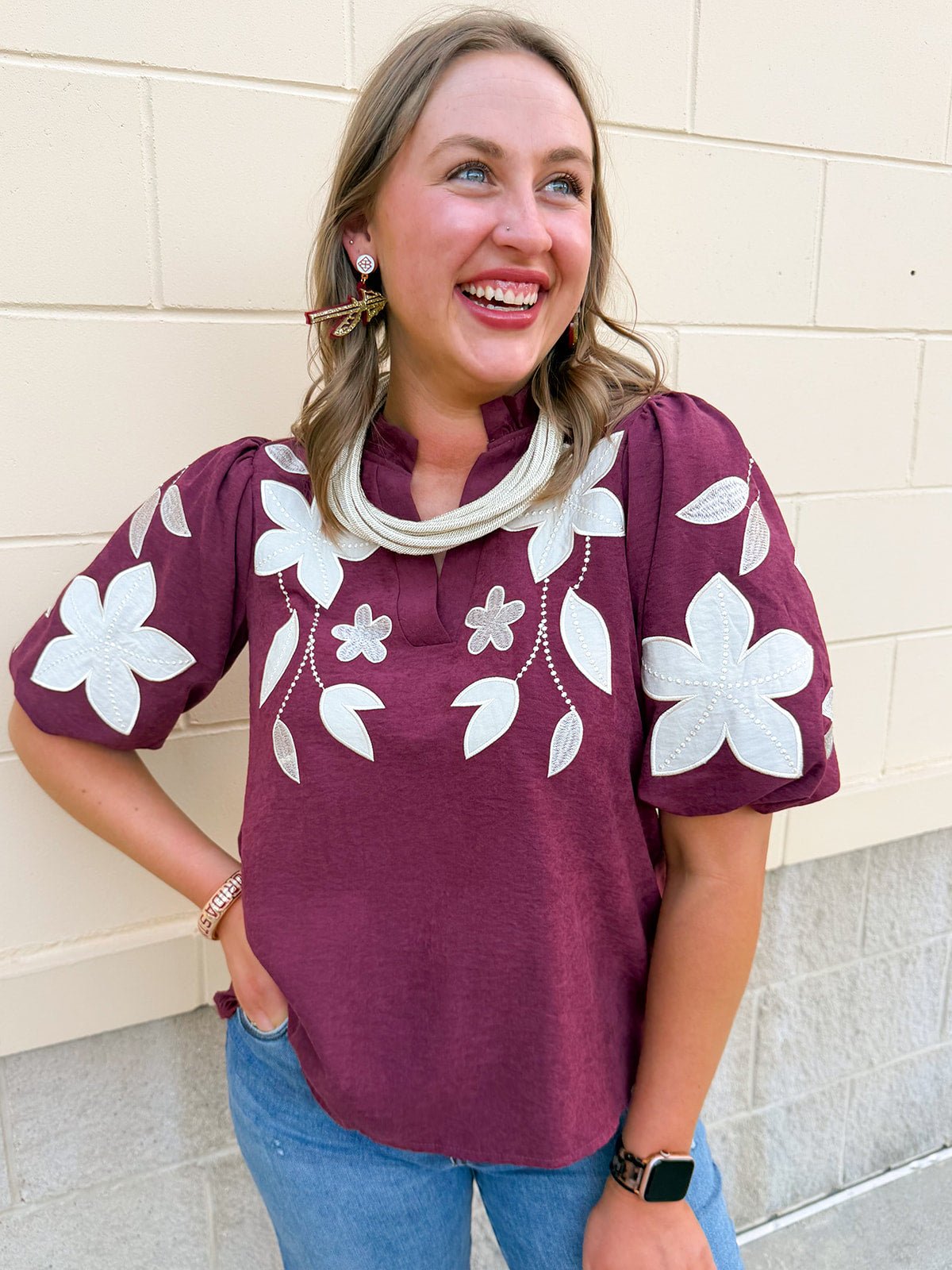 The Eloise Embroidered Faux Suede Top in Wine - The Pink Pineapple 850