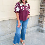 The Eloise Embroidered Faux Suede Top in Wine - The Pink Pineapple 850