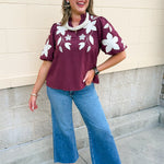 The Eloise Embroidered Faux Suede Top in Wine - The Pink Pineapple 850
