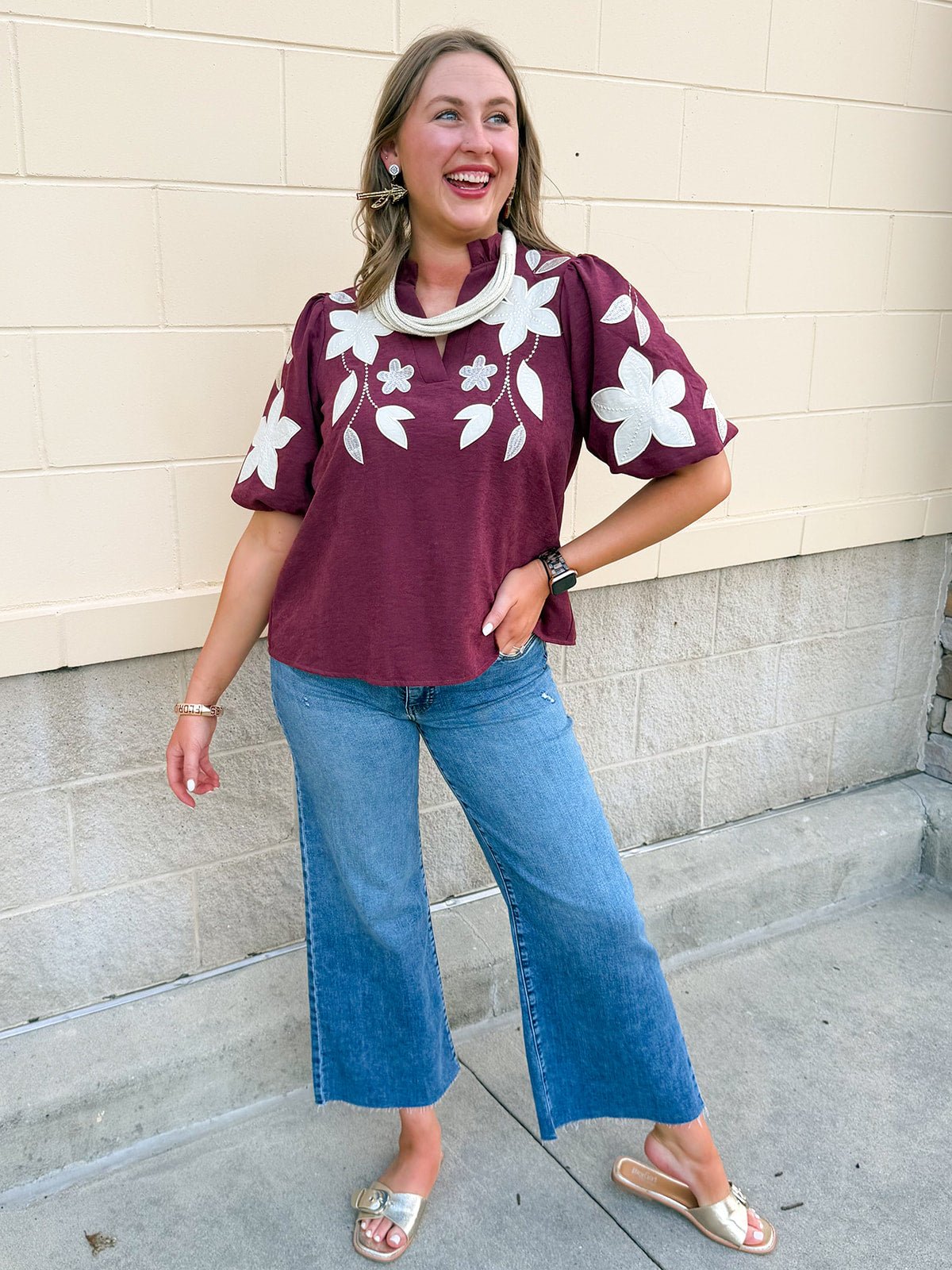 The Eloise Embroidered Faux Suede Top in Wine - The Pink Pineapple 850