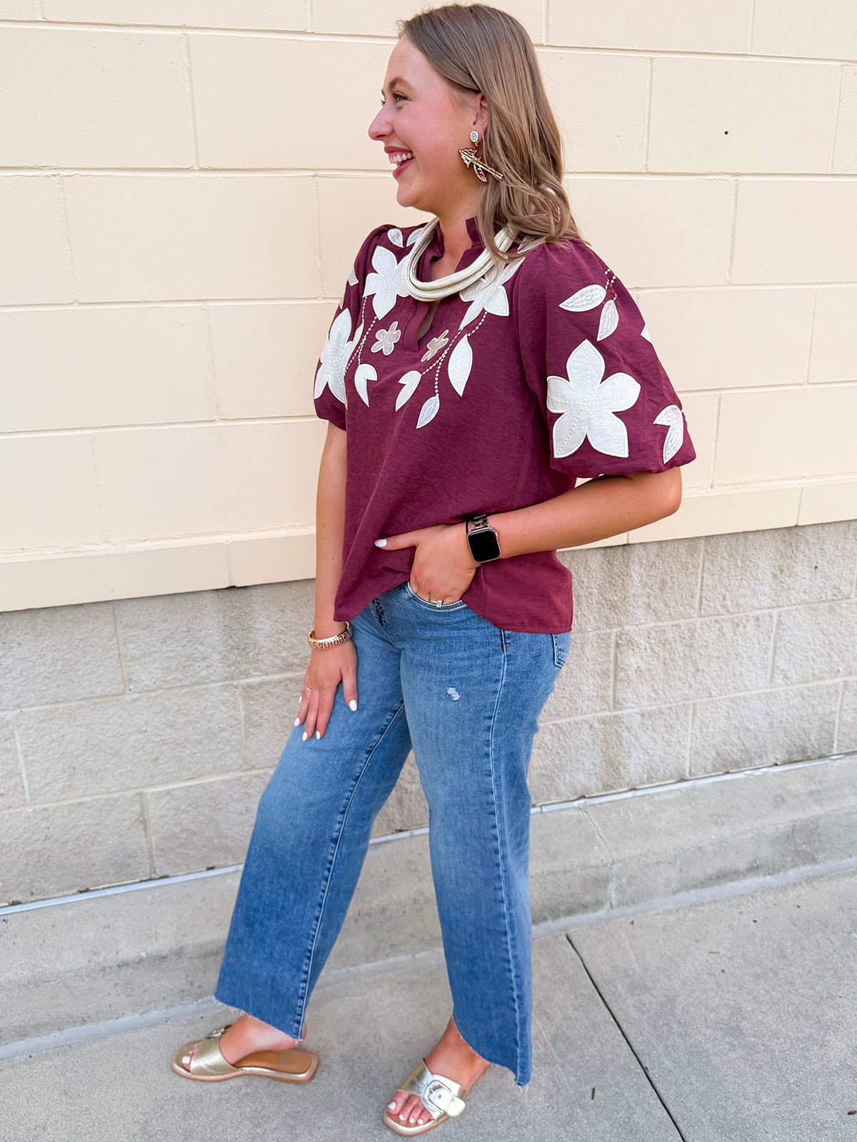 The Eloise Embroidered Faux Suede Top in Wine - The Pink Pineapple 850