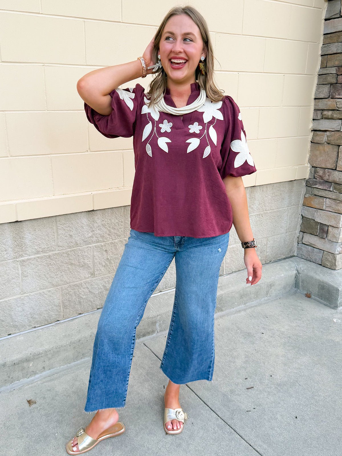 The Eloise Embroidered Faux Suede Top in Wine - The Pink Pineapple 850