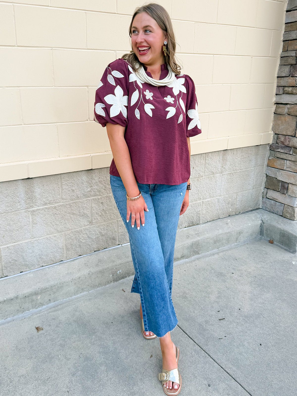 The Eloise Embroidered Faux Suede Top in Wine - The Pink Pineapple 850