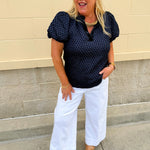 The Velvet Whisper Textured Puff Sleeve Top in Navy - The Pink Pineapple 850