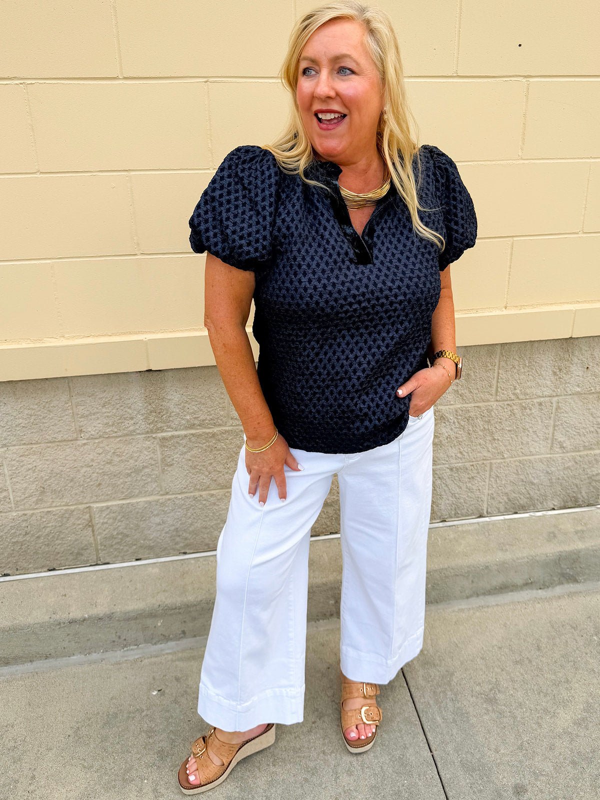 The Velvet Whisper Textured Puff Sleeve Top in Navy - The Pink Pineapple 850