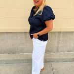 The Velvet Whisper Textured Puff Sleeve Top in Navy - The Pink Pineapple 850