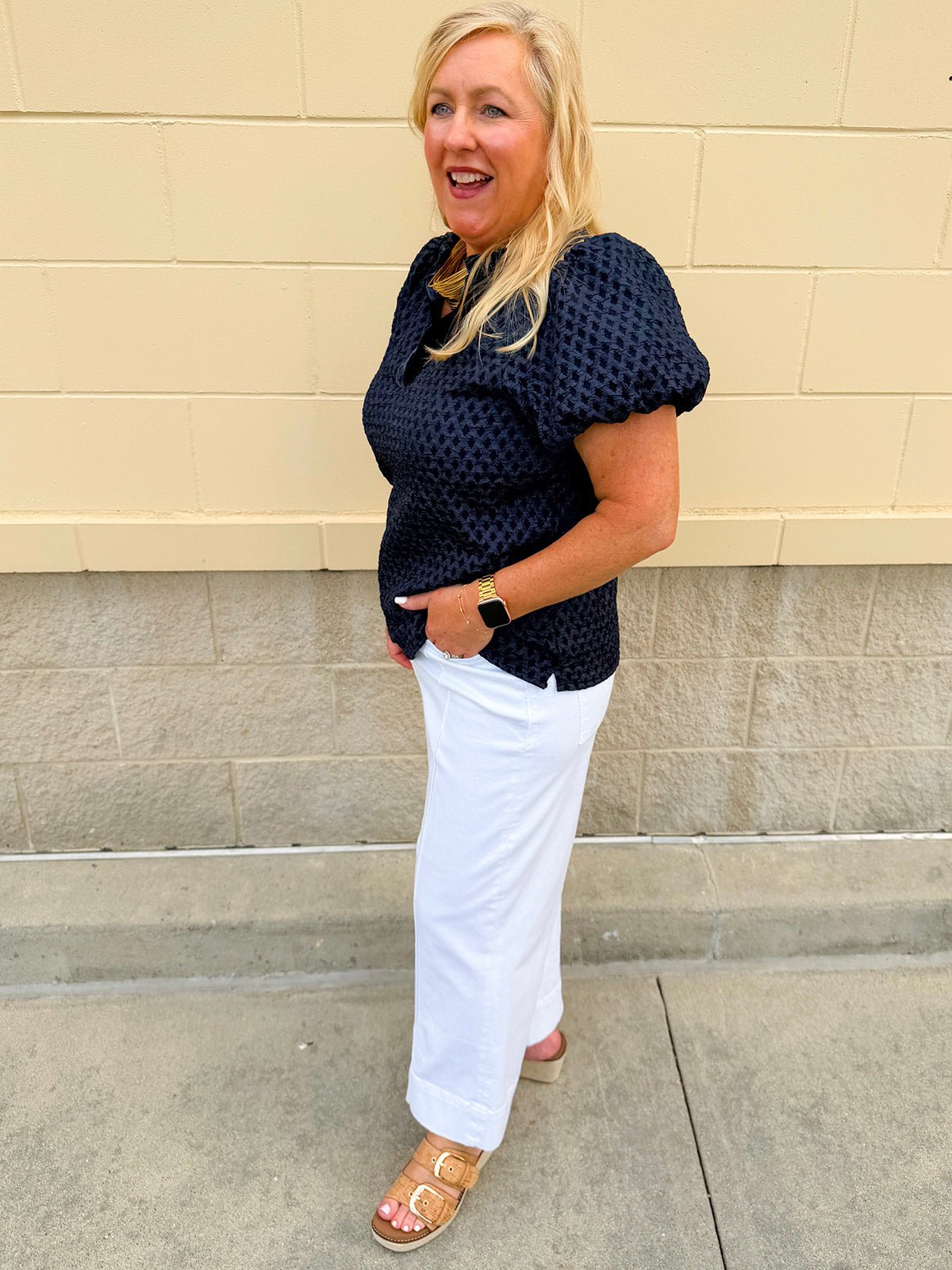 The Velvet Whisper Textured Puff Sleeve Top in Navy - The Pink Pineapple 850