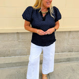 The Velvet Whisper Textured Puff Sleeve Top in Navy - The Pink Pineapple 850