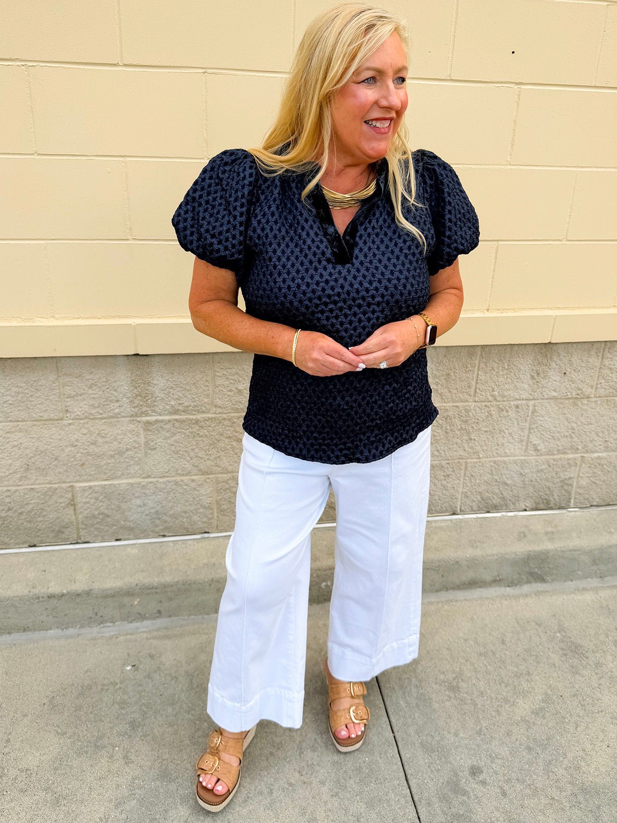 The Velvet Whisper Textured Puff Sleeve Top in Navy - The Pink Pineapple 850
