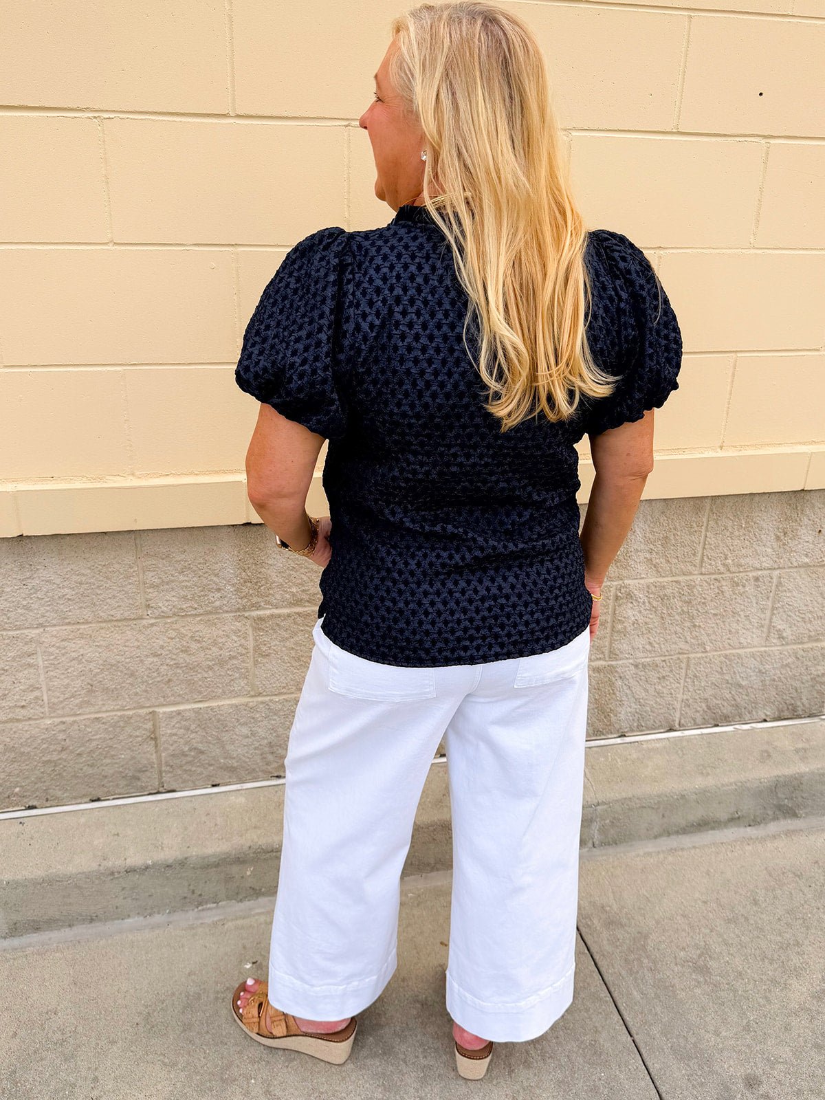 The Velvet Whisper Textured Puff Sleeve Top in Navy - The Pink Pineapple 850