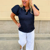 The Velvet Whisper Textured Puff Sleeve Top in Navy - The Pink Pineapple 850