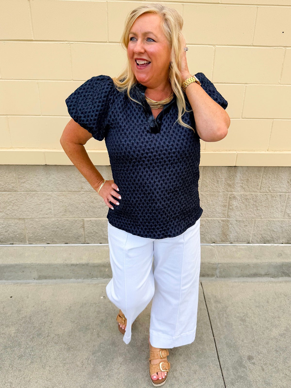 The Velvet Whisper Textured Puff Sleeve Top in Navy - The Pink Pineapple 850