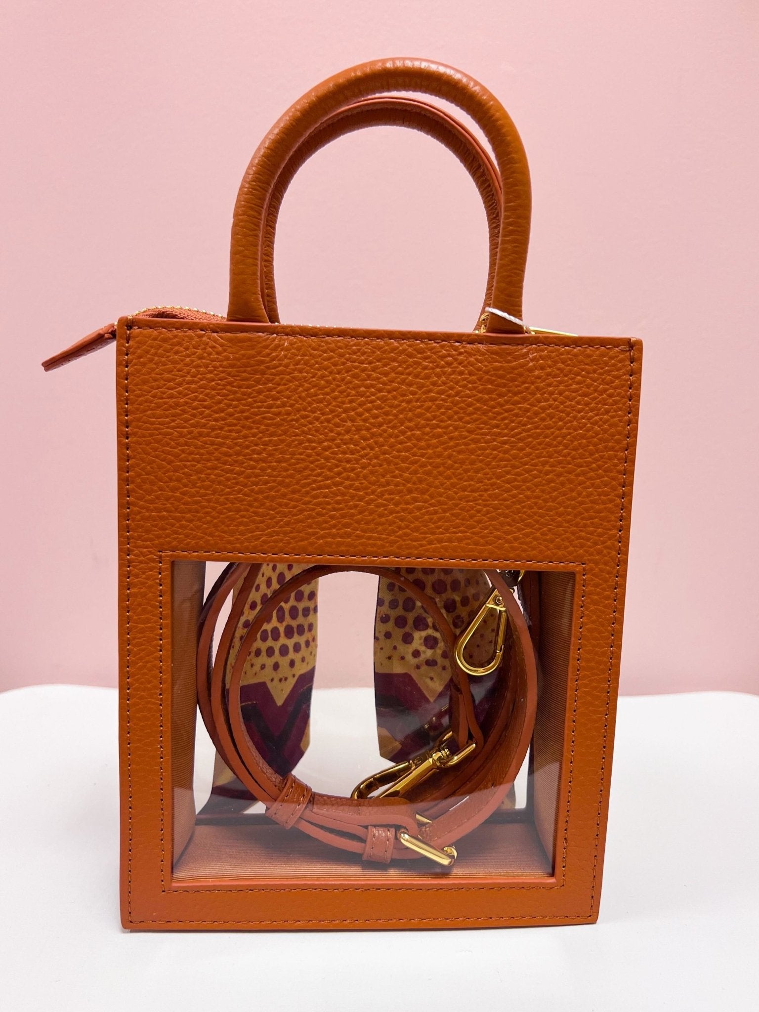 The Victory Lane Leather Clear Crossbody in Camel - The Pink Pineapple 850