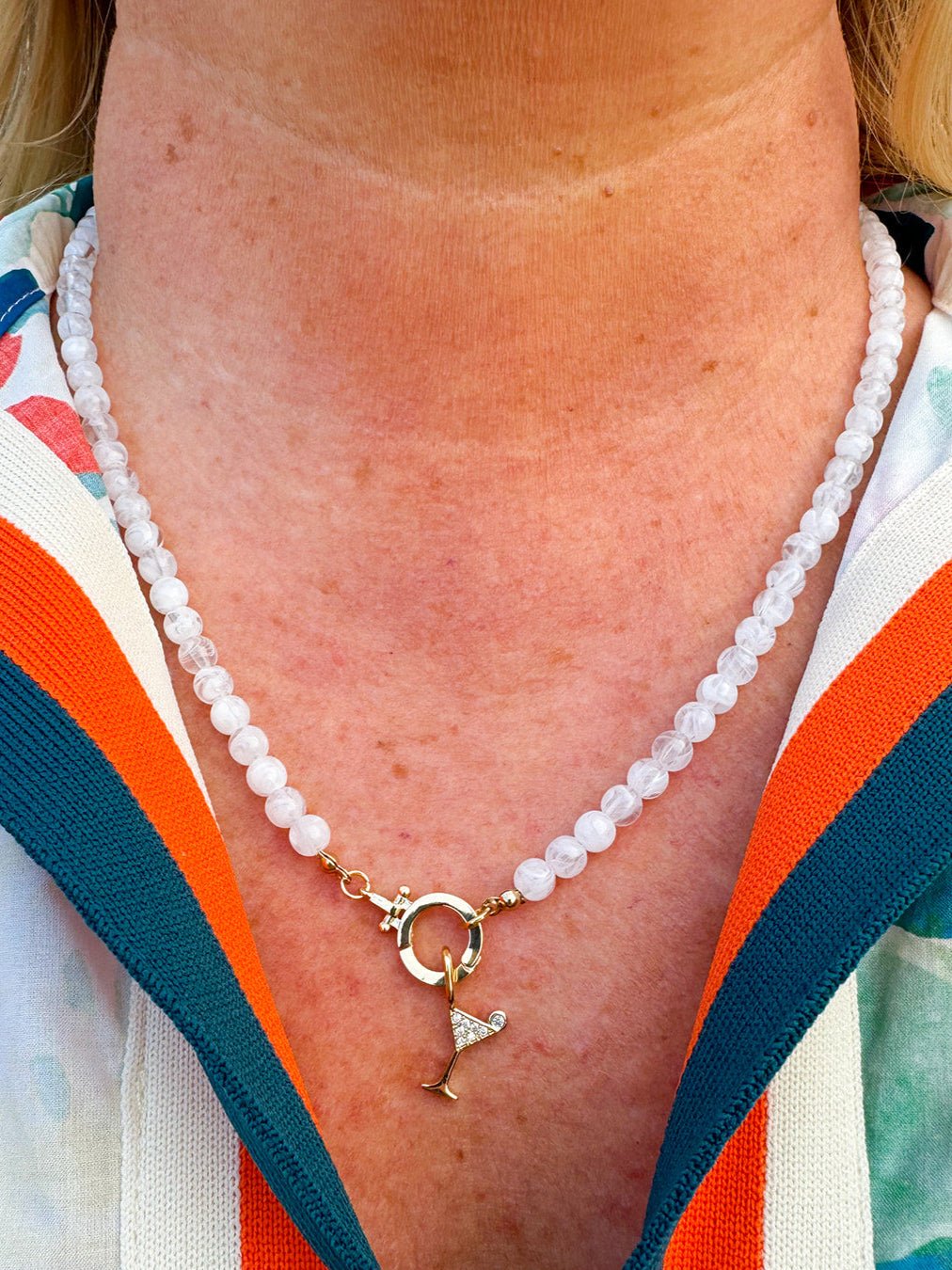 Thea Beaded Necklace with Charm Clasp in White - The Pink Pineapple 850