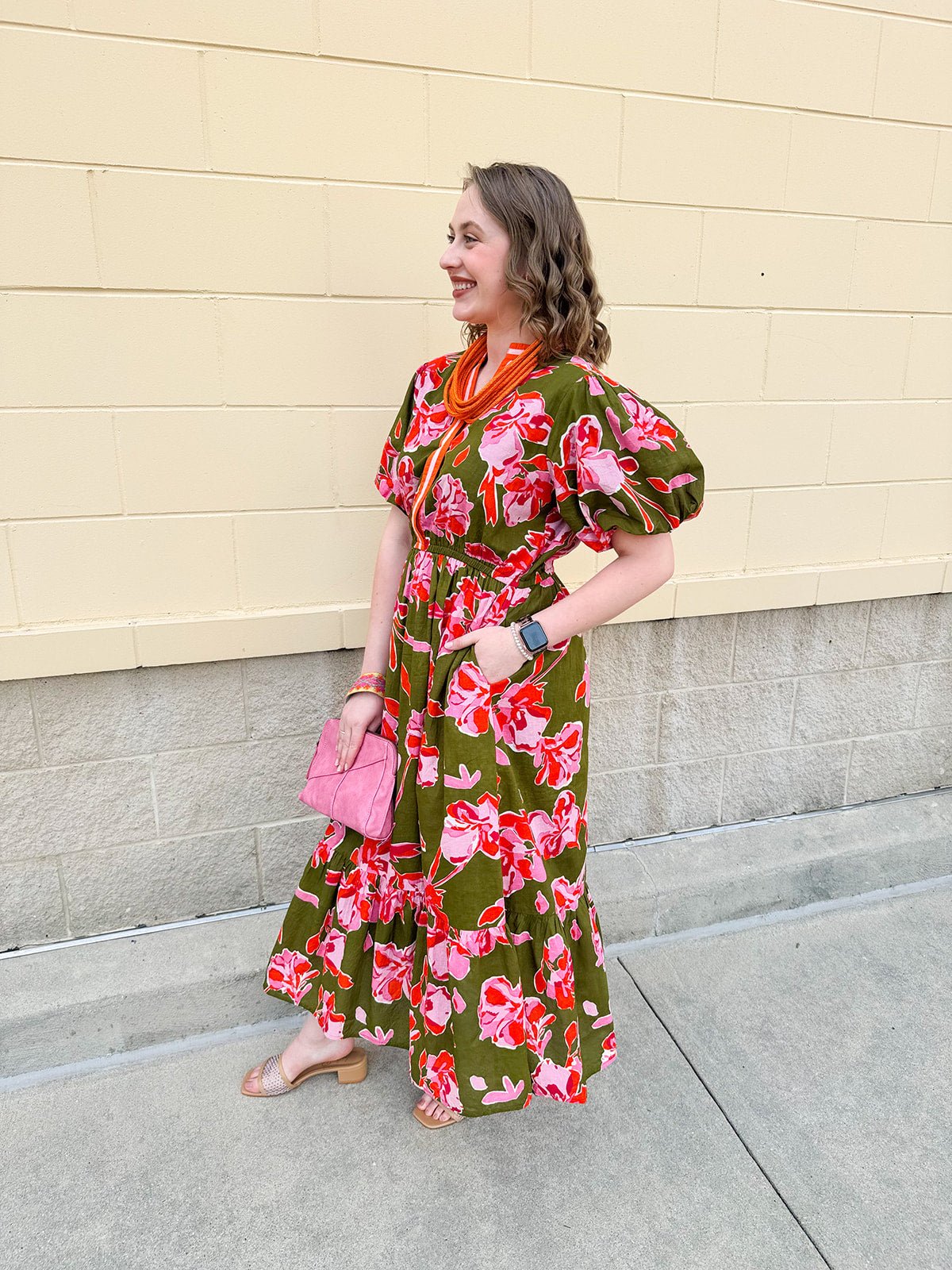[THML] Garden Grace Olive Floral Dress - The Pink Pineapple 850
