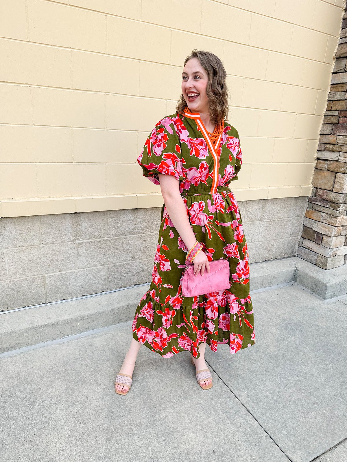 [THML] Garden Grace Olive Floral Dress - The Pink Pineapple 850